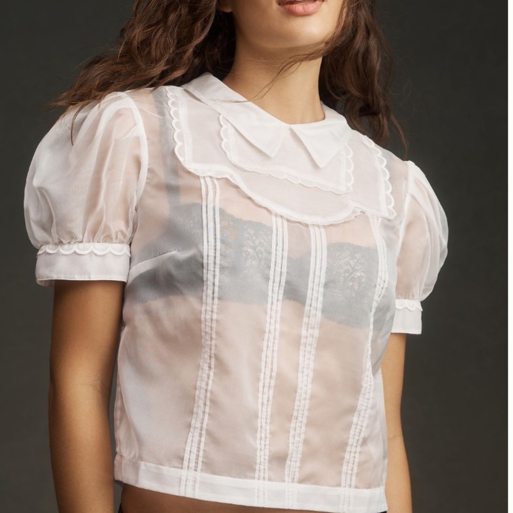 Anthropologie Maeve Short Sleeve Sheer Scallop Trim Blouse